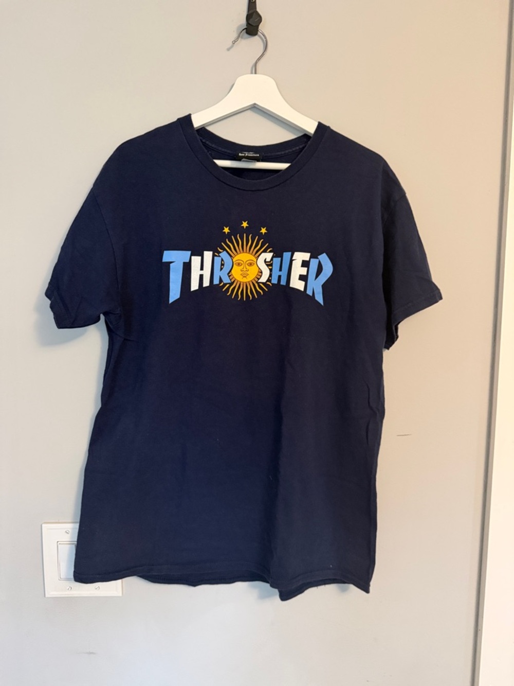 Thrasher Navy Blue Tee with Yellow Sun Logo